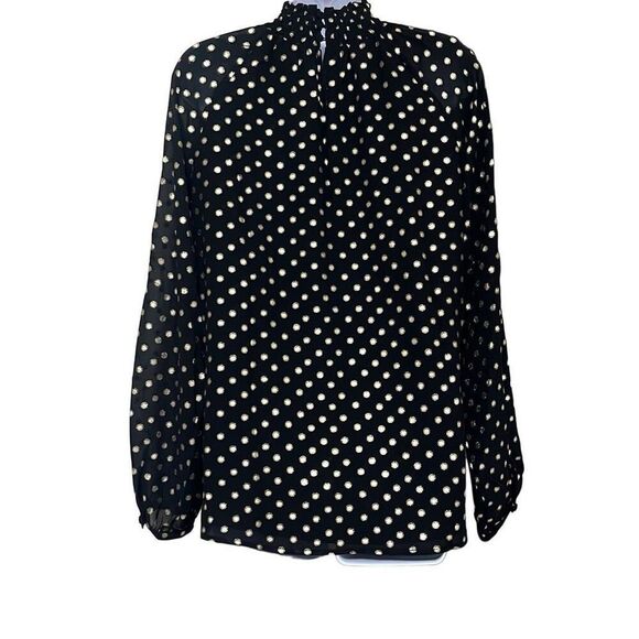 Yumi Kim Black Gold Polka Dot Lexington Top High Ruched Neck Long Sleeve Office - Picture 2 of 11